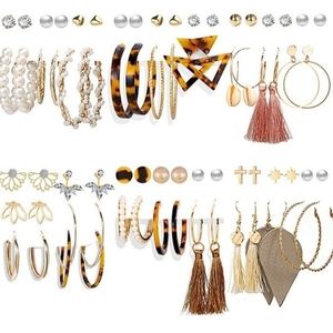 HUGE Lot Gold Hoop Earrings Extra Backs Faux Tortoise Shell/Pearl/Crystal Fringe